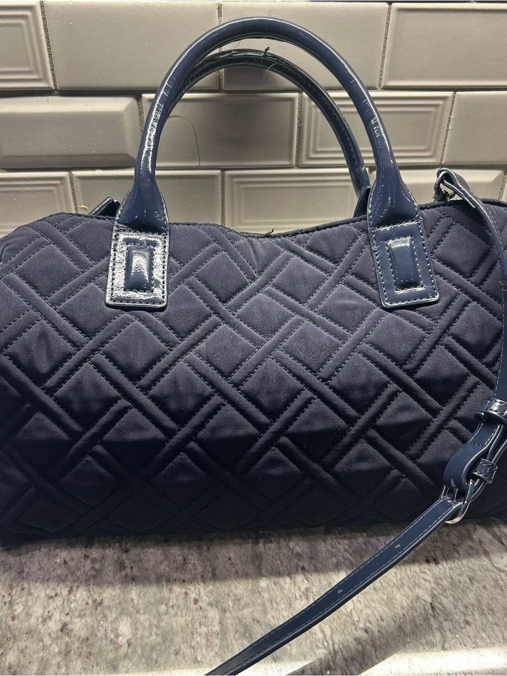 Vera Bradley Quilted Navy Barrel Satchel with Patent Trim